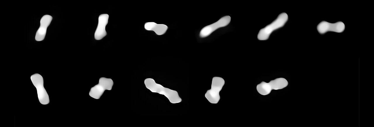 一颗白色小行星在黑色背景下的11张不同方向的图片